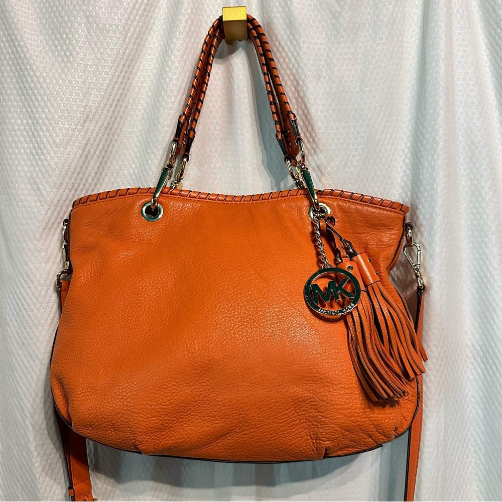 Michael Kors MK Bennett Tangerine Leather Whipstitch Tassel Tote Crossbody Bag